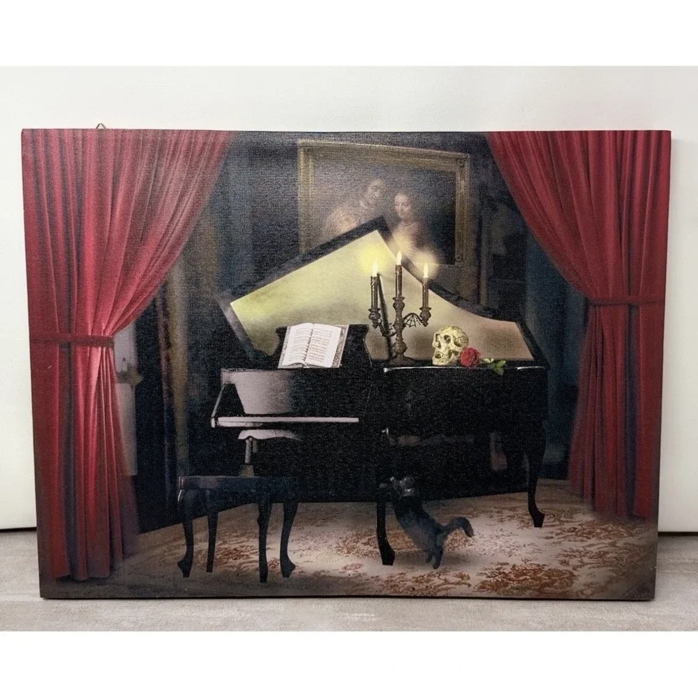 Haunted Piano Canvas Wall Art 20x16 Halloween Black Cat Skull Gothic Decor